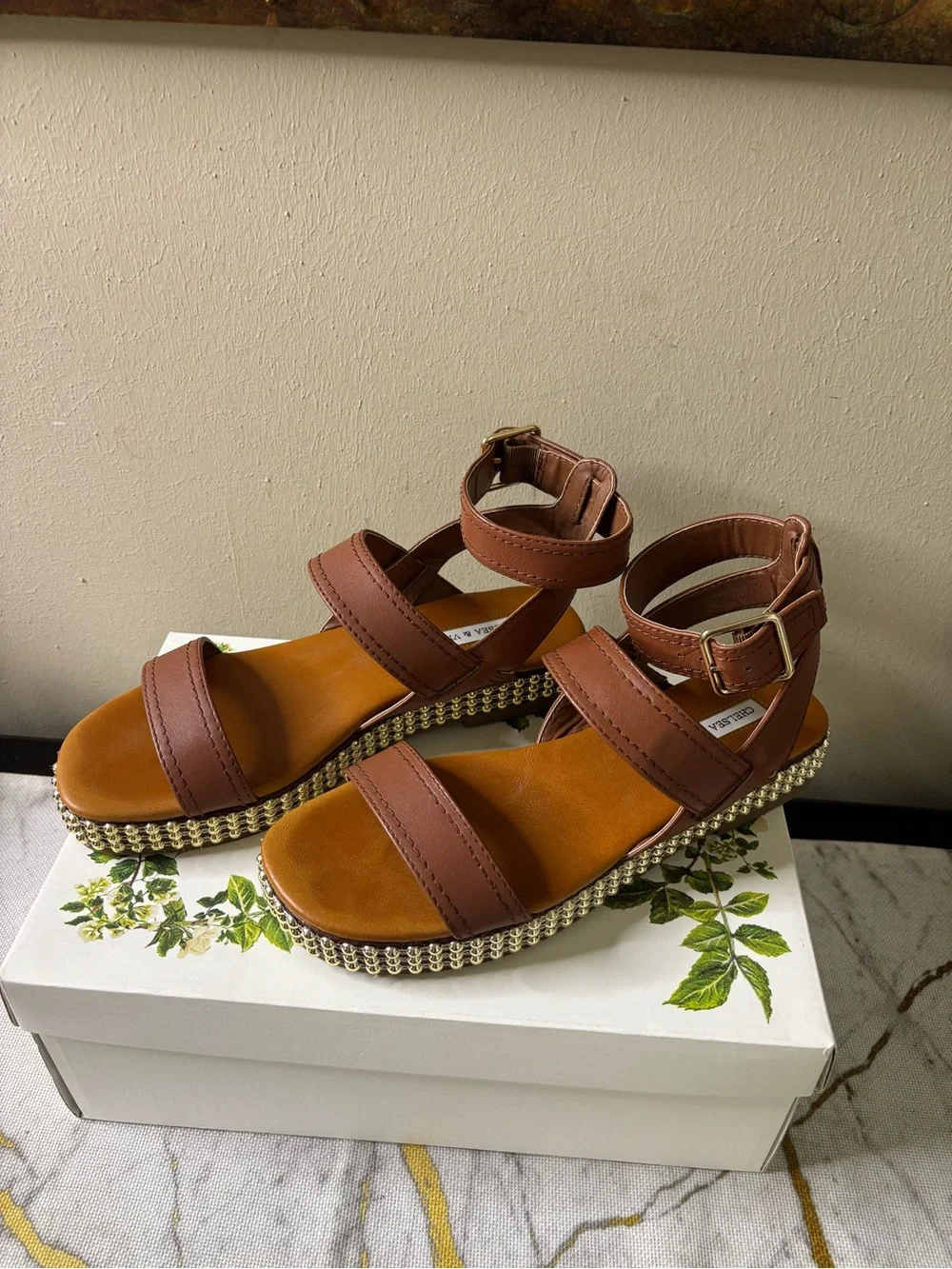 Chelsea & Violet Chestnut Brown Beaded Platform Sandals